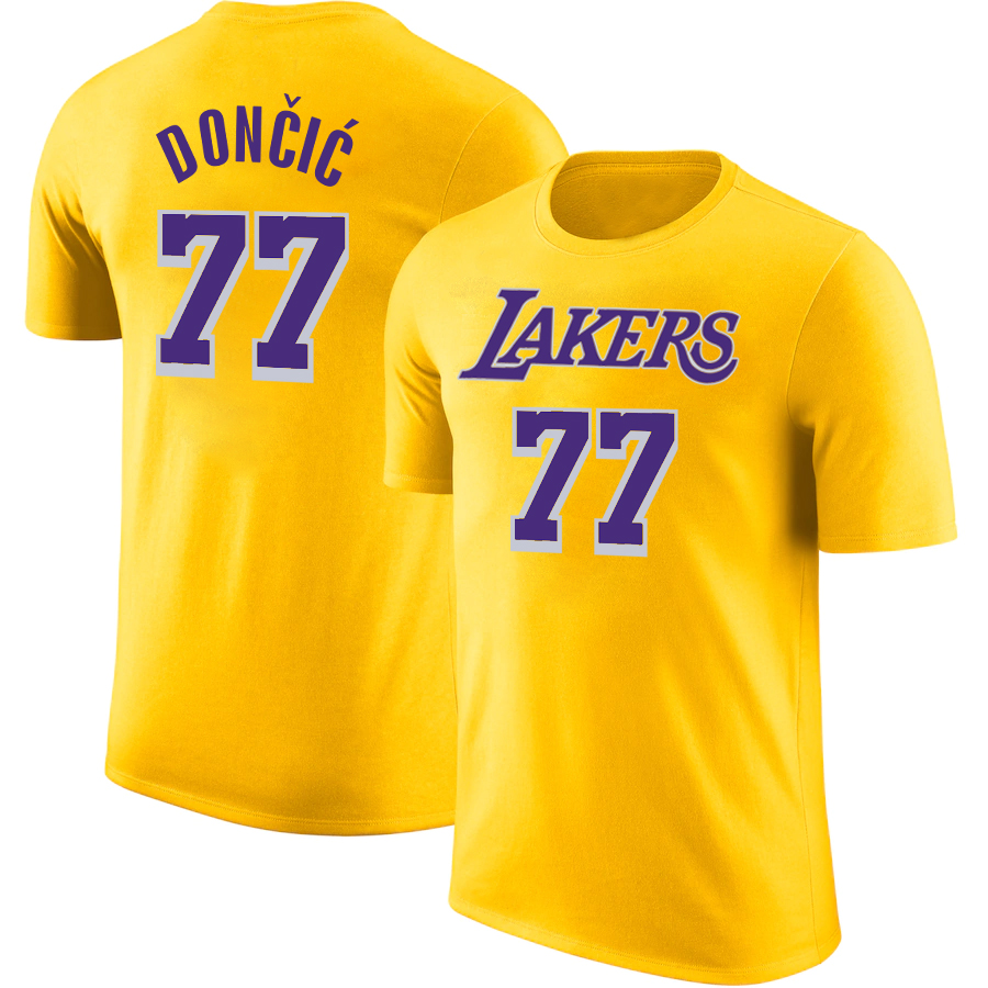 Men NBA Los Angeles Lakers #77 Doncic yellow T shirts->nba t-shirts->Sports Accessory